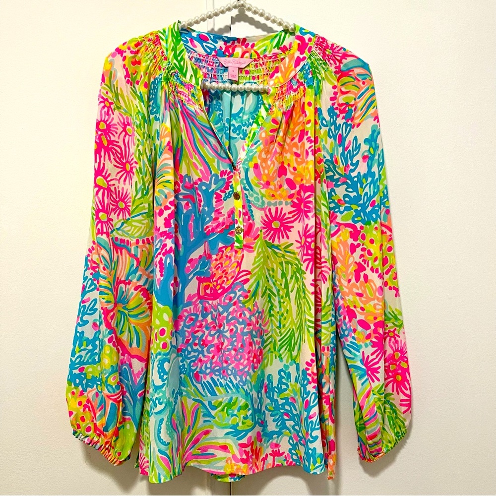 Lilly Pulitzer Mulitcolor Elsa Coral and ocean print blouse size S